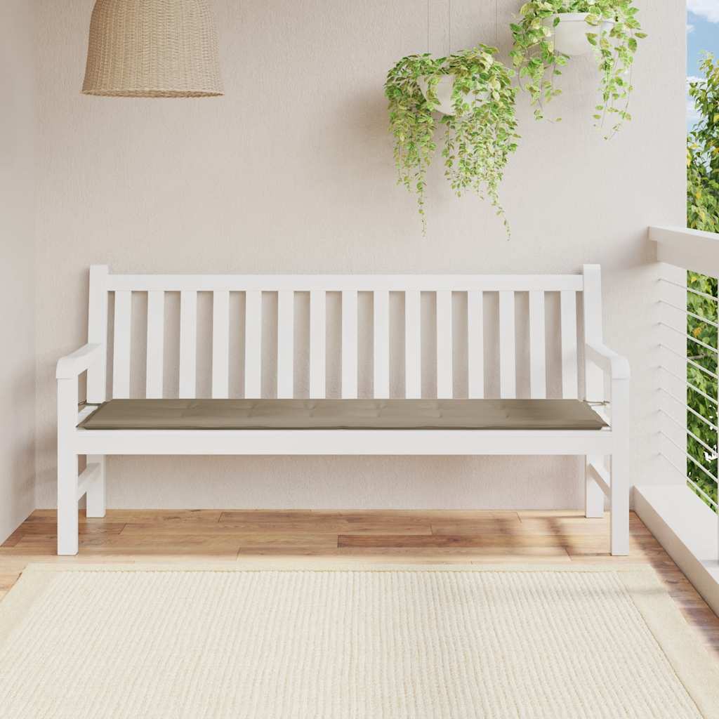 Taupe Bostome garden bench cushion in Oxford fabric, 70.9x19.7x1.6 inches, on white bench.