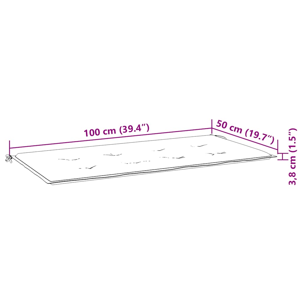 Diagram of beige garden bench cushion measuring 100 cm by 50 cm by 4 cm.