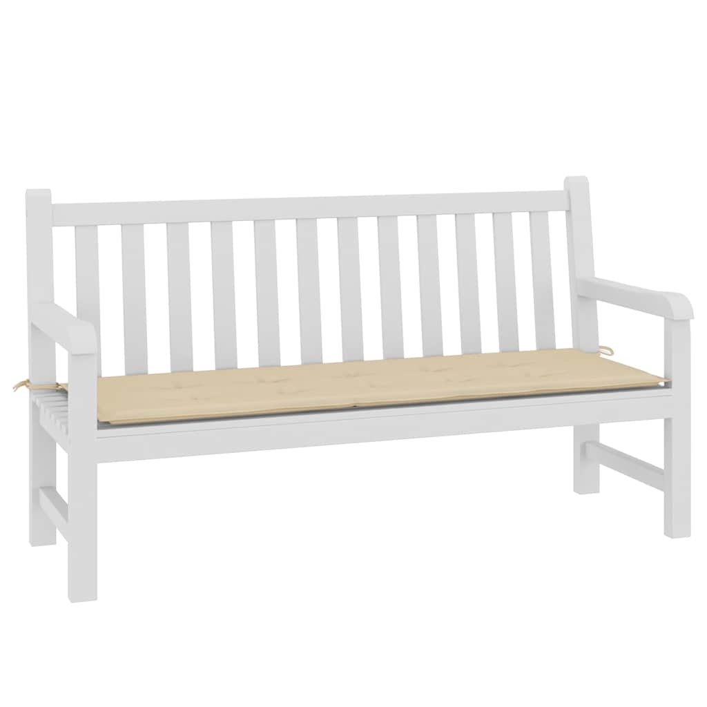 Beige Oxford fabric garden bench cushion, 59x20x2 inches, with ties.
