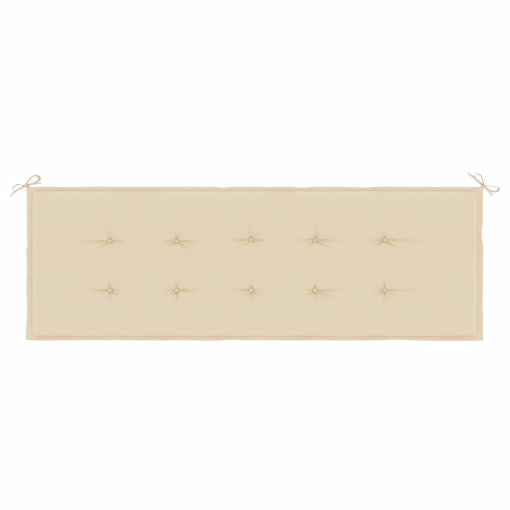 Beige garden bench cushion made of Oxford fabric, measuring 59x20x2 inches with ties.