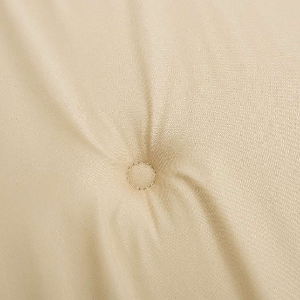Beige garden bench cushion in Oxford fabric with tufted center and ties, 59x20x2 inches.