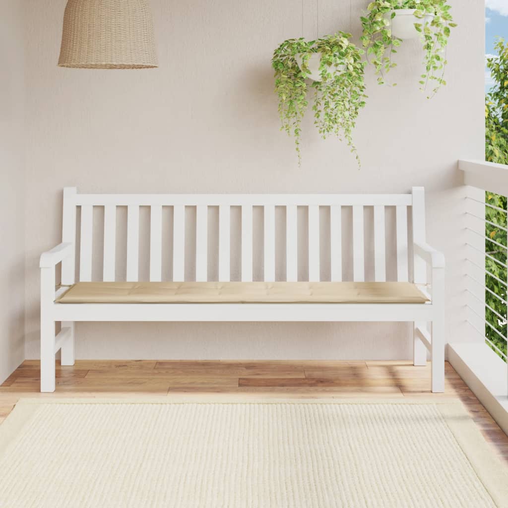 Beige Oxford fabric garden bench cushion on white wooden bench in sunny balcony setting.