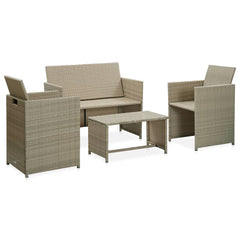 Sofa Set Beige Rattan, Cream White Cushions