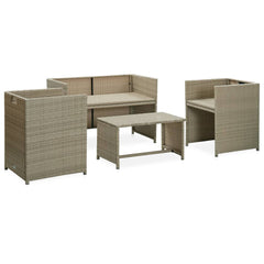 Sofa Set Beige Rattan, Cream White Cushions