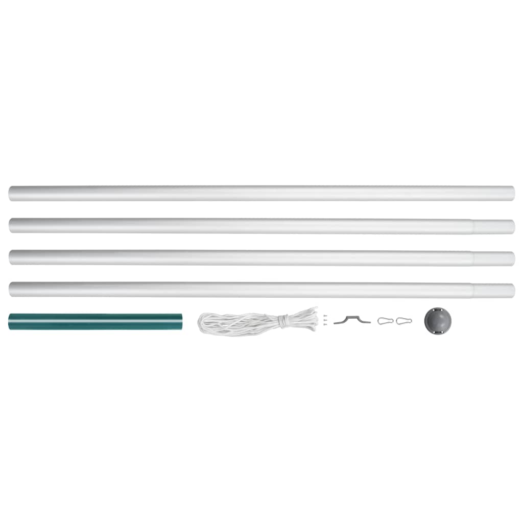 Silver 20.3-foot sectional aluminum flagpole with five tubes, green sleeve, rope, and hardware.