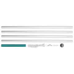 Silver 20.3-foot sectional aluminum flagpole with five tubes, green sleeve, rope, and hardware.