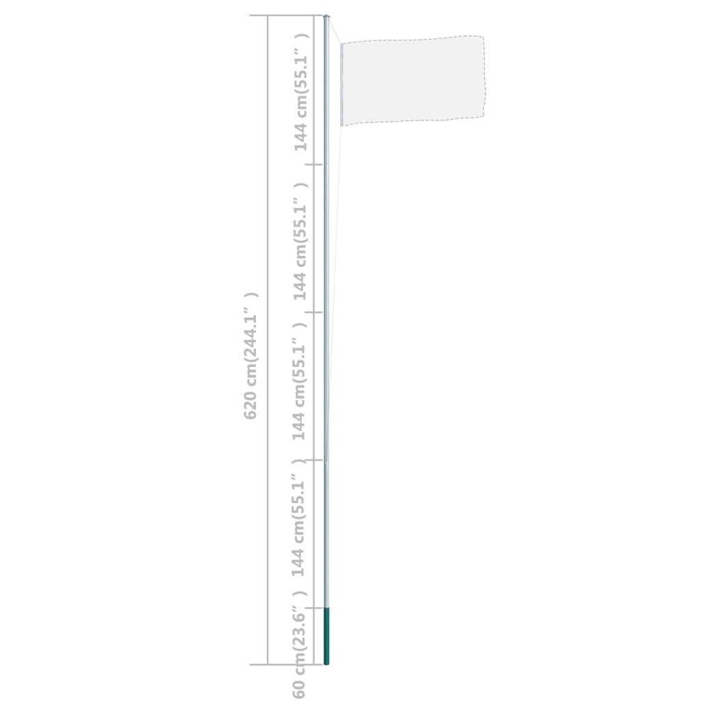 A silver sectional flagpole with a total height of 620 cm (244.1 inches) and a flag attached.
