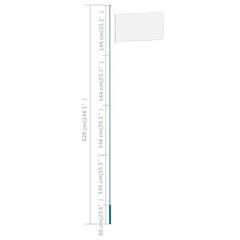 A silver sectional flagpole with a total height of 620 cm (244.1 inches) and a flag attached.