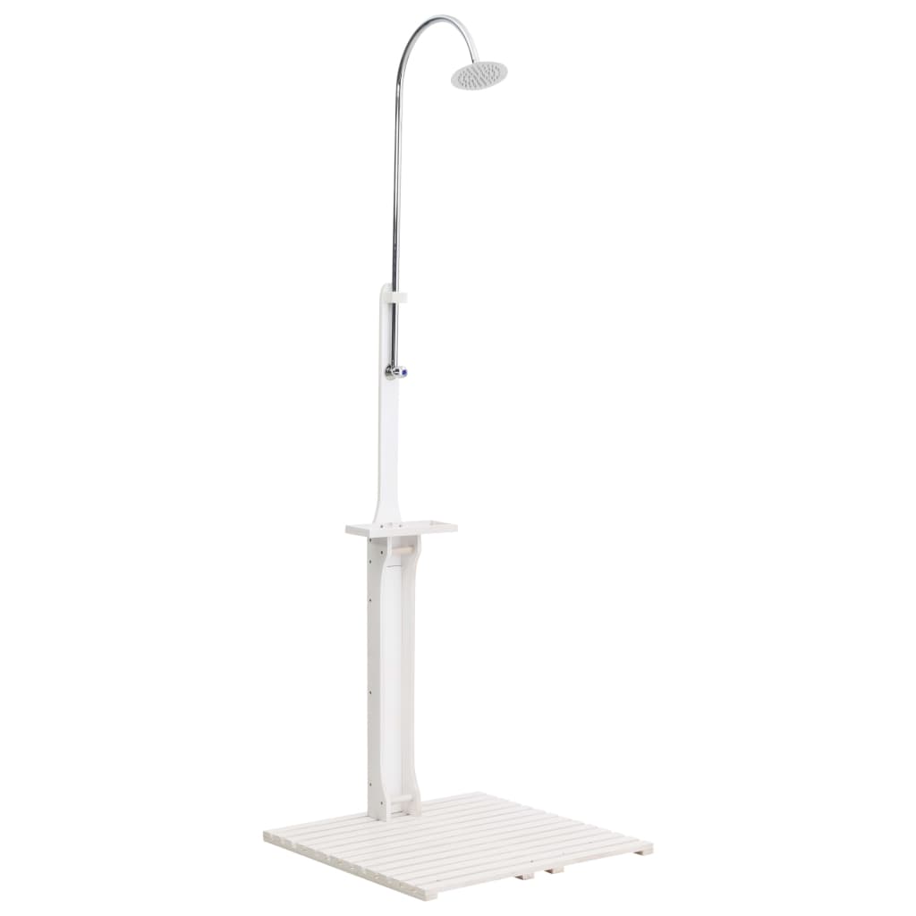 A white wooden garden shower with a chrome shower head and slatted base.