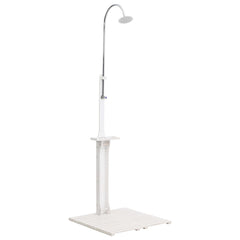 A white wooden garden shower with a chrome shower head and slatted base.