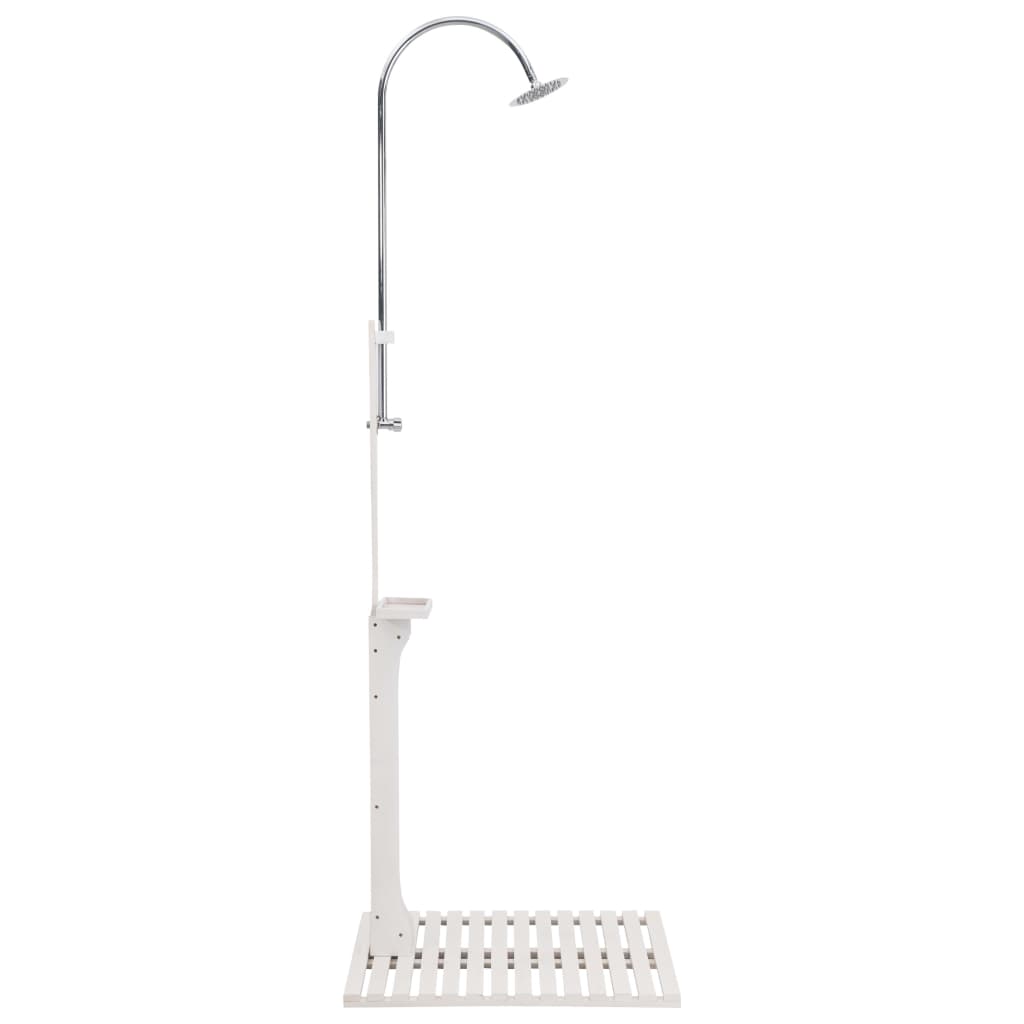 A white wooden garden shower with a chrome shower head and a slatted base.