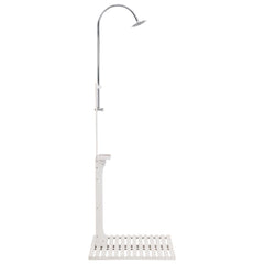 A white wooden garden shower with a chrome shower head and a slatted base.