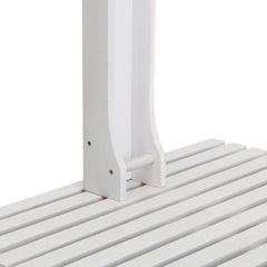 A close-up of the white wooden garden shower's slatted base and vertical support.