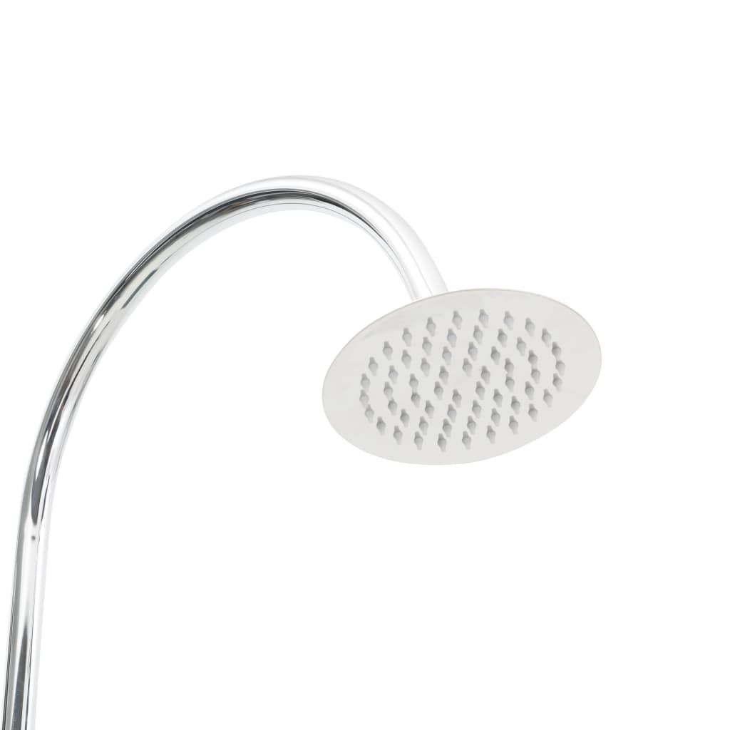 A chrome shower head with a curved arm is shown against a white background.