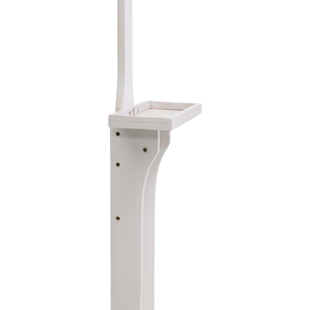 White wooden freestanding garden shower with soap tray and adjustable head.