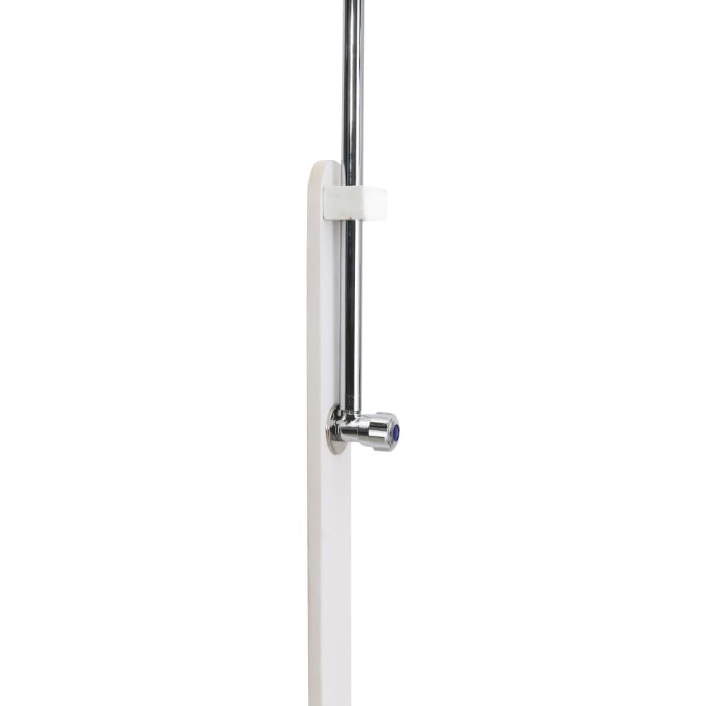 White wooden garden shower made from weather-resistant fir wood with chrome fixtures.