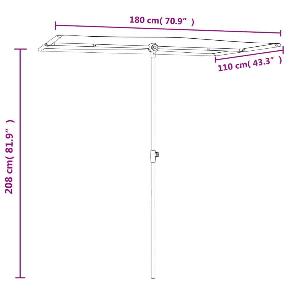 Diagram of Bostome garden parasol showing 180 cm width, 110 cm depth, and 208 cm height with aluminum pole.