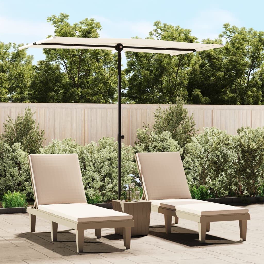 Sand white cantilever garden parasol with aluminum pole, providing shade over two lounge chairs.