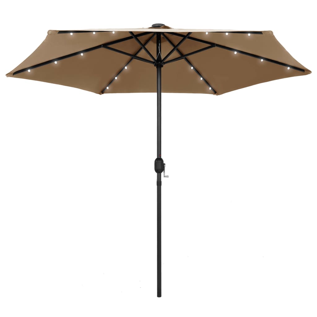 Taupe 106.3-inch garden parasol with solar LED lights on the canopy and crank pole.