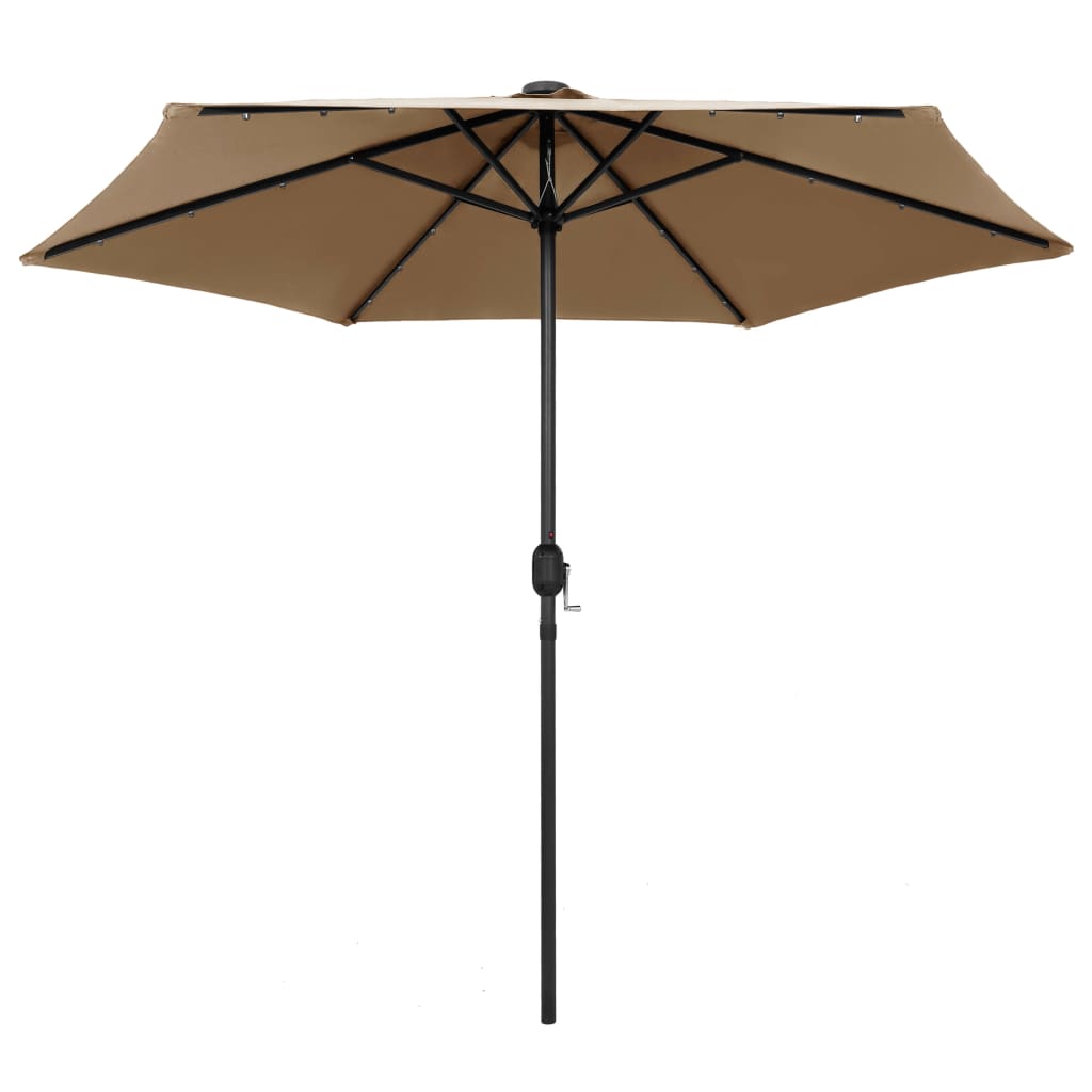 Taupe 106.3-inch garden parasol with LED lights on black pole.