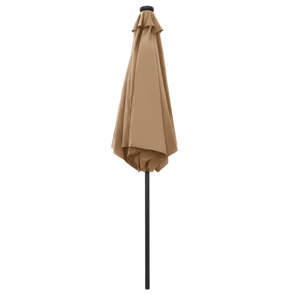 Taupe 106.3-inch garden parasol with LED lights on black pole, shown closed.