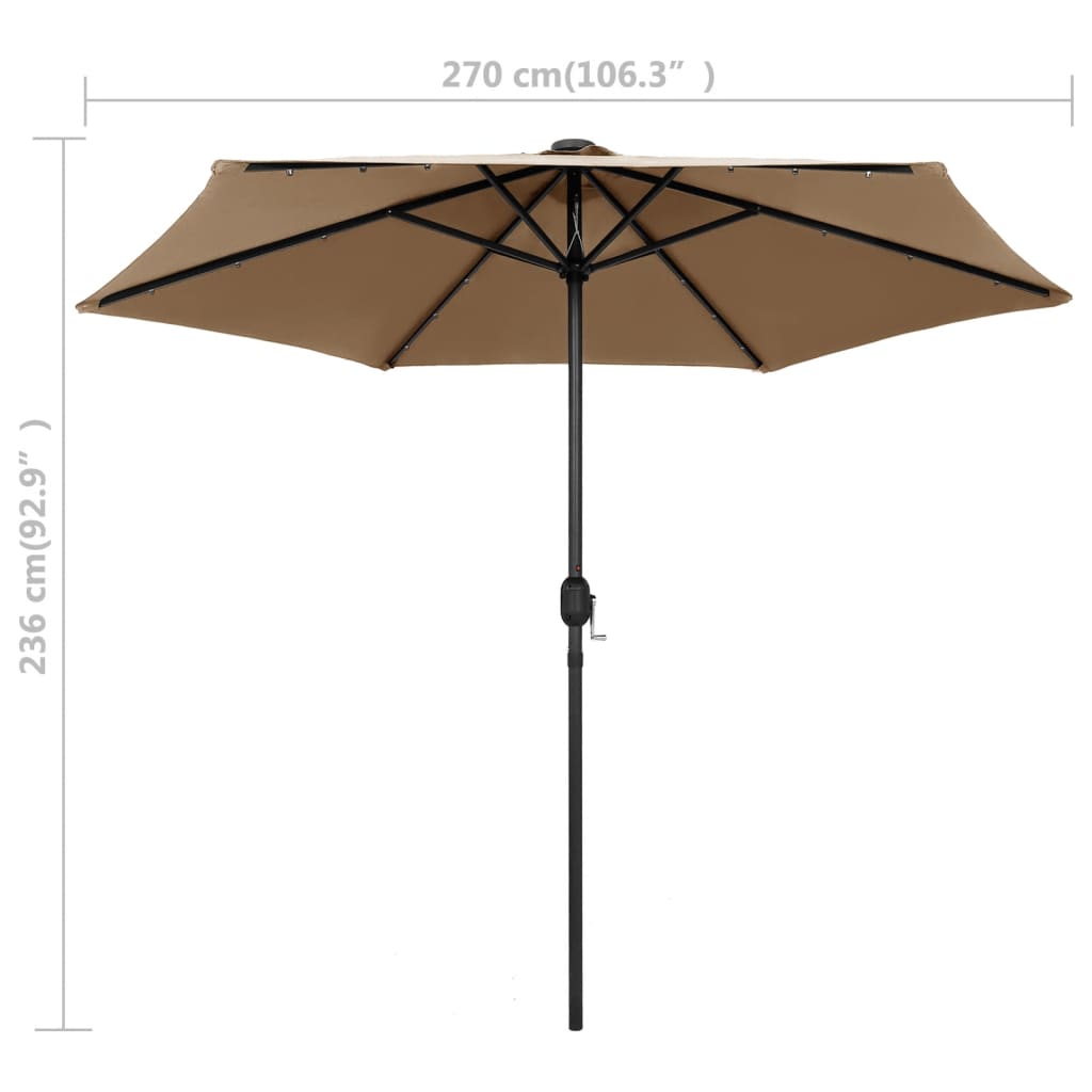 Taupe 106.3-inch garden parasol with LED lights, shown open with dimensions.
