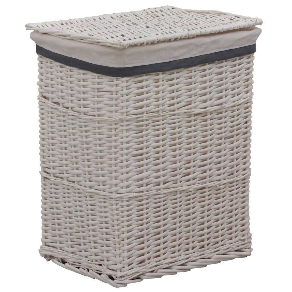 White woven willow laundry basket with lid and black trim.