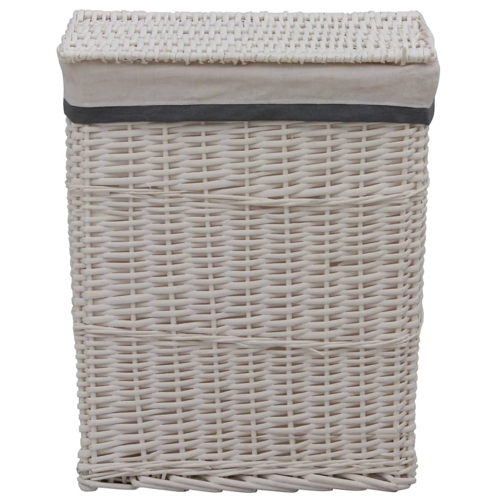White woven willow laundry basket with fabric liner and black trim.