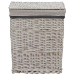 White woven willow laundry basket with fabric liner and black trim.
