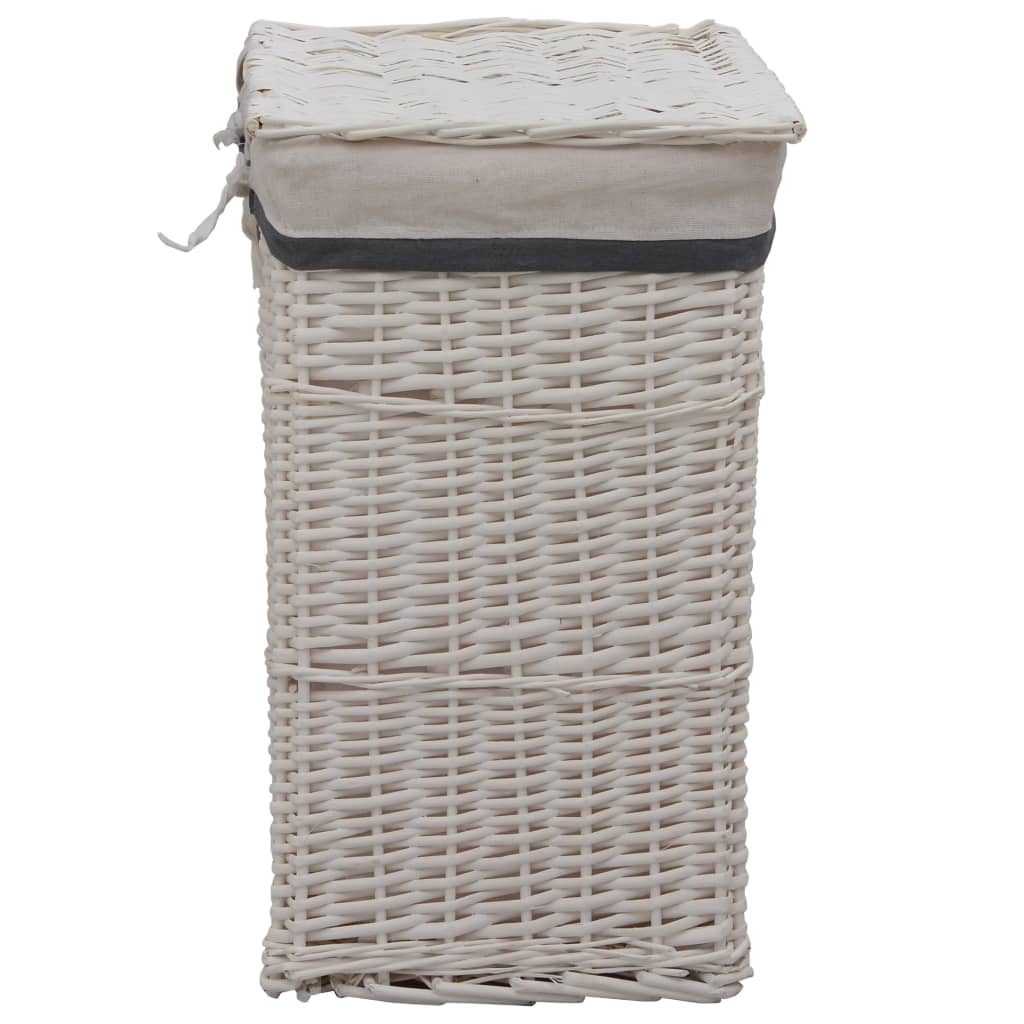 White woven willow laundry basket with lid and handles.