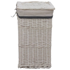 White woven willow laundry basket with lid and handles.