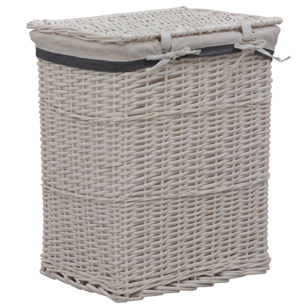 White woven willow laundry basket with lid and gray trim.