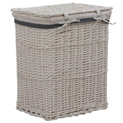 White woven willow laundry basket with lid and gray trim.
