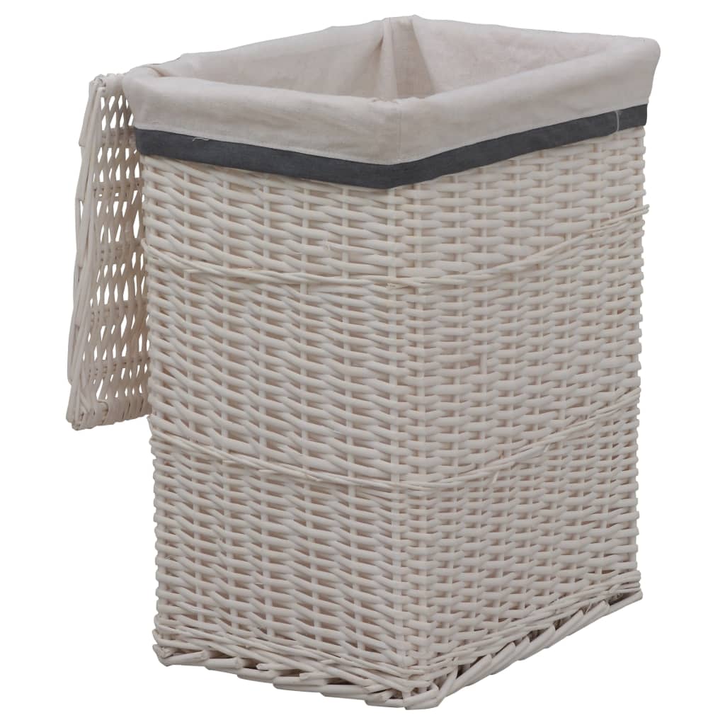 White woven willow laundry basket with gray trim and handles.