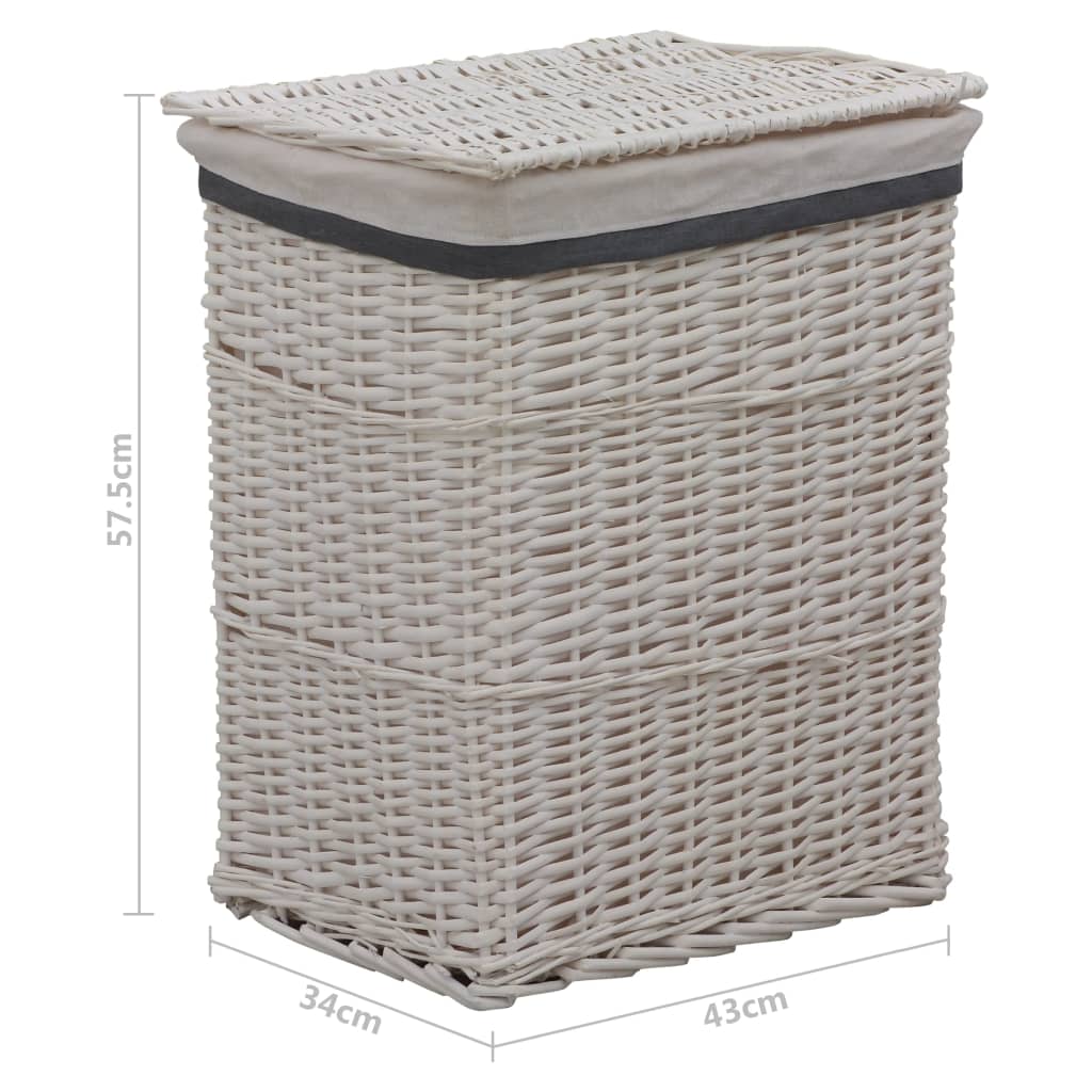 White woven willow laundry basket with lid and dimensions shown.