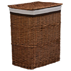 Brown woven willow laundry basket with white fabric lining and sturdy handles.