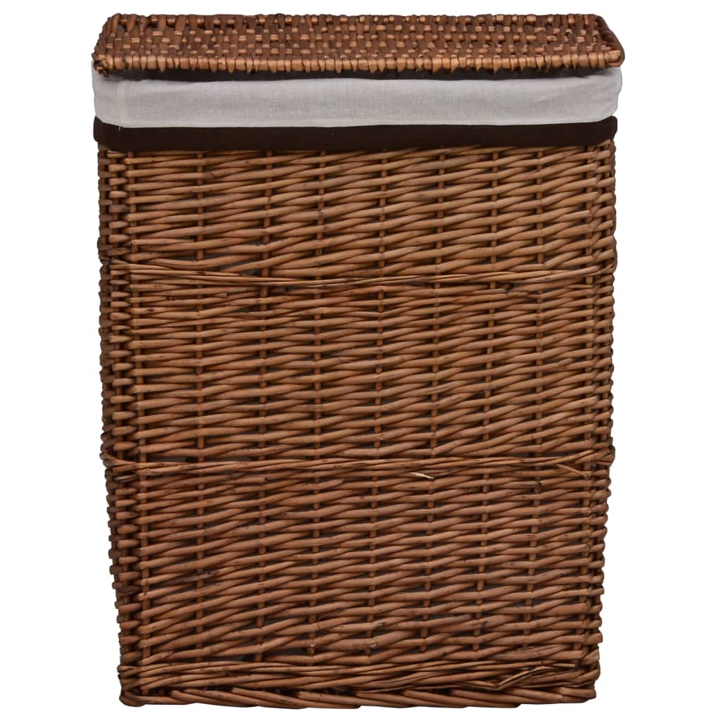Brown woven willow laundry basket with fabric-lined lid and sturdy handles.