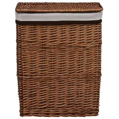 Brown woven willow laundry basket with fabric-lined lid and sturdy handles.