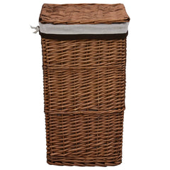Brown woven willow laundry basket with sturdy handles and breathable design.