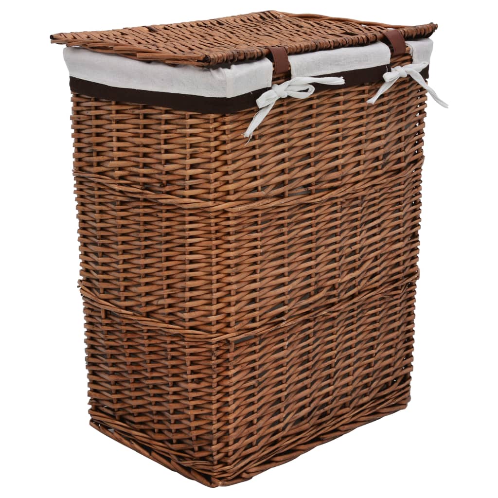 Brown woven willow laundry basket with white linen lid and ties.