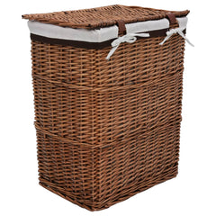 Brown woven willow laundry basket with white linen lid and ties.