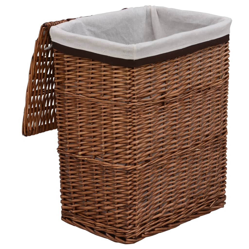 Brown woven willow laundry basket with open lid and fabric liner.