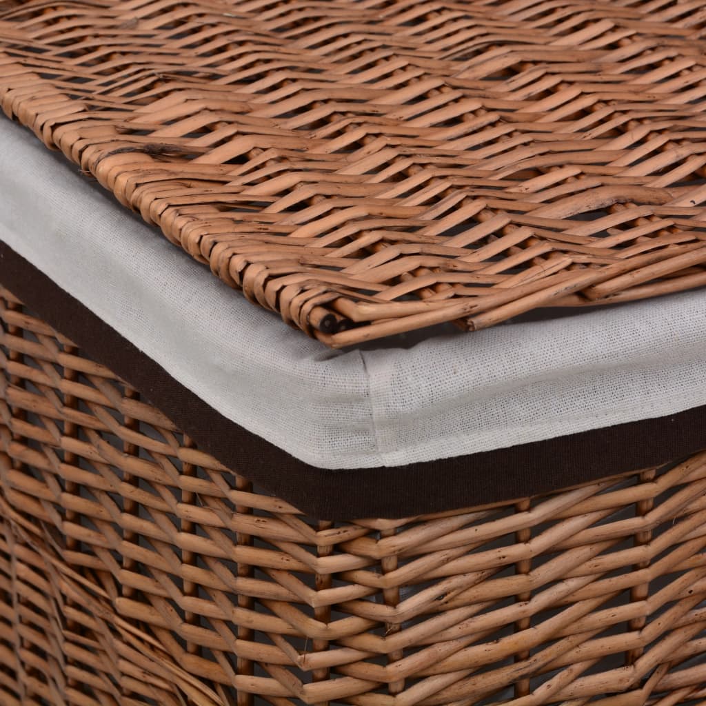 Brown woven willow laundry basket with gray fabric-lined lid.