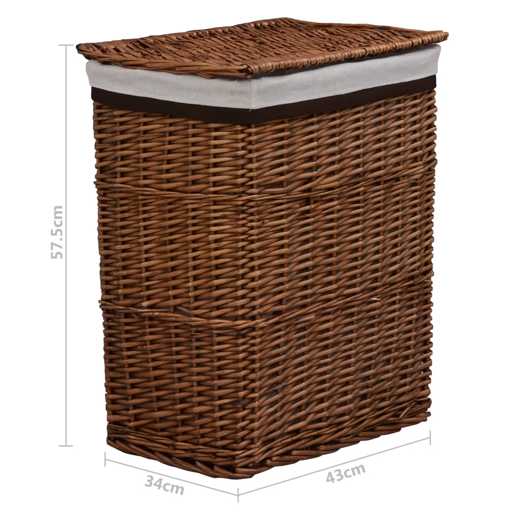 Brown woven willow laundry basket with white fabric liner and dimensions shown.