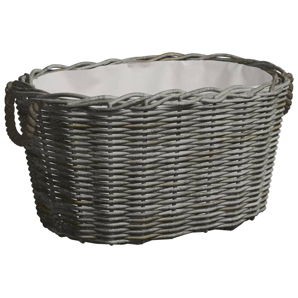 Gray woven willow firewood basket with handles, measuring 23.6x15.7x11 inches.