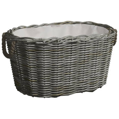 Gray woven willow firewood basket with handles, measuring 23.6x15.7x11 inches.