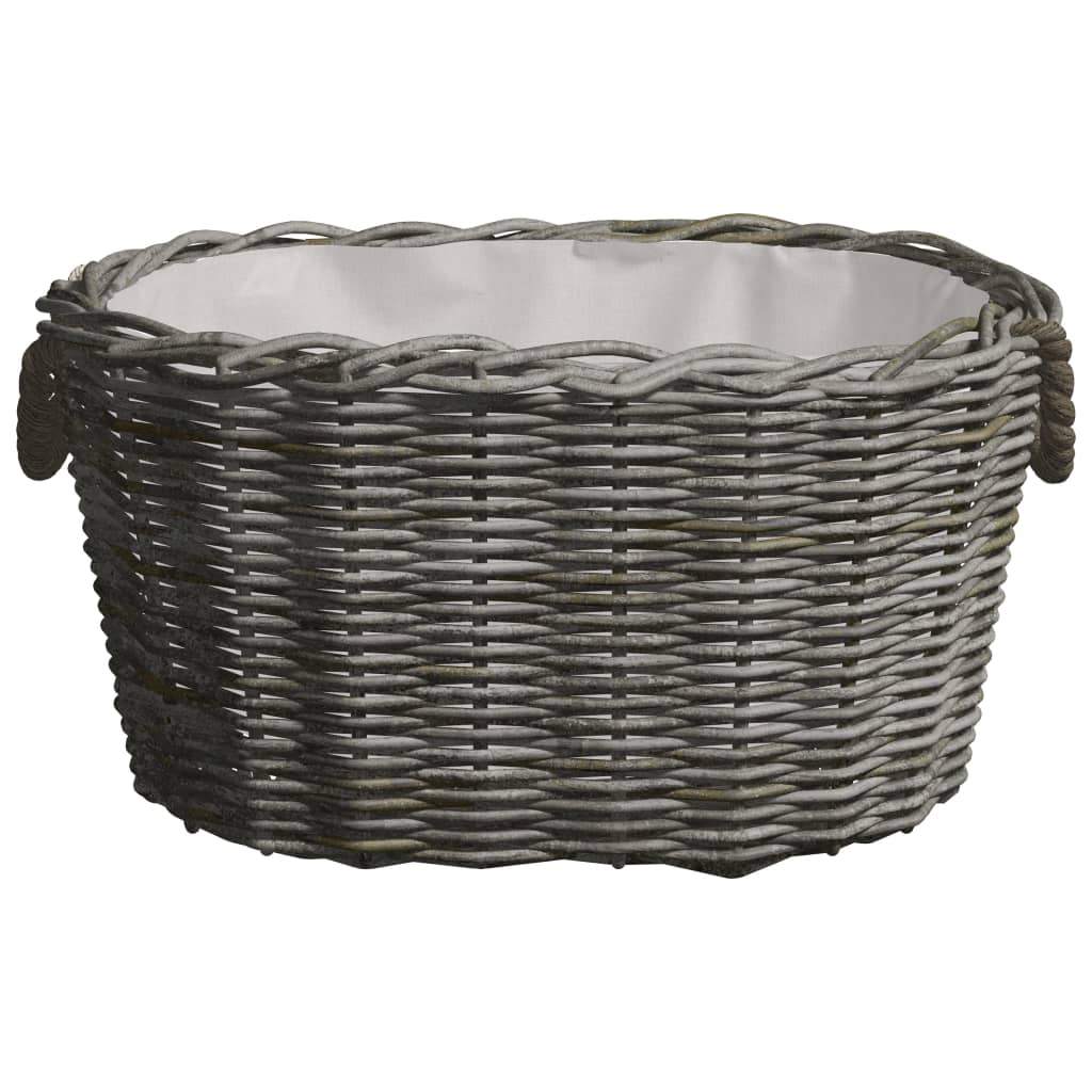 Gray willow firewood basket with handles, measuring 23.6x15.7x11 inches.