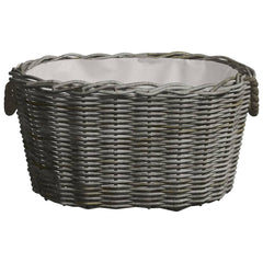 Gray willow firewood basket with handles, measuring 23.6x15.7x11 inches.