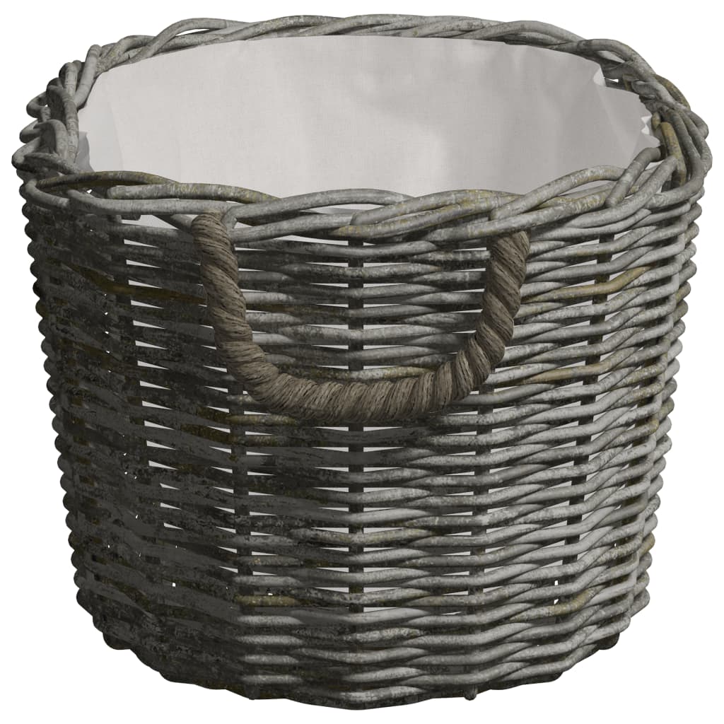 Gray willow firewood basket with rope handles, measuring 23.6x15.7x11 inches.