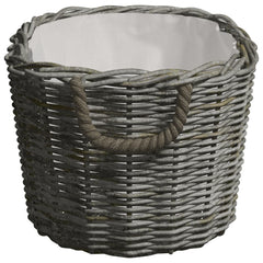 Gray willow firewood basket with rope handles, measuring 23.6x15.7x11 inches.